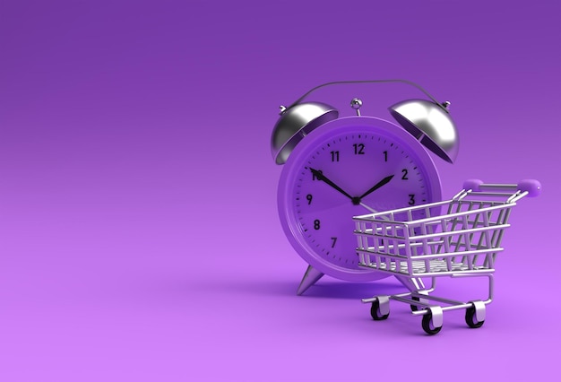 Carro de la compra por tiempo limitado con reloj despertador retro aislado en un fondo amarillo 3D Render