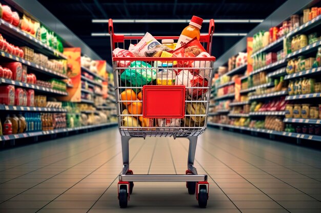 Carro de compras lleno de productos dentro de un supermercado.