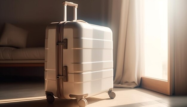 Carro de equipaje de lujo espera aventura en habitación de hotel generado por IA