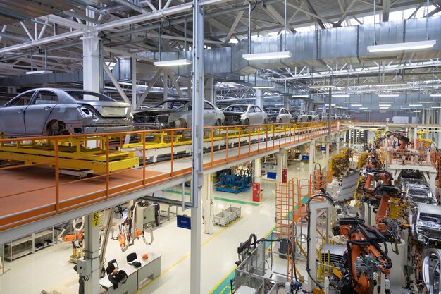 Carrocería de automóvil en cinta transportadora Ensamblaje moderno de automóviles en planta Proceso de construcción automatizado de carrocería de automóvil