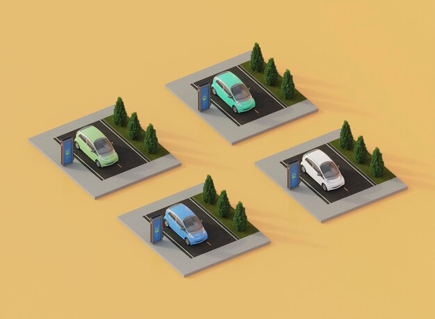 Carros eléctricos 3d de alto ángulo y estaciones de carga
