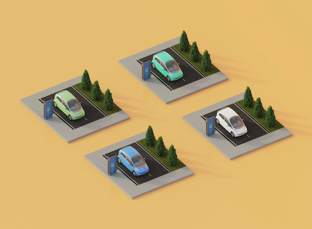 Carros eléctricos 3d de alto ángulo y estaciones de carga