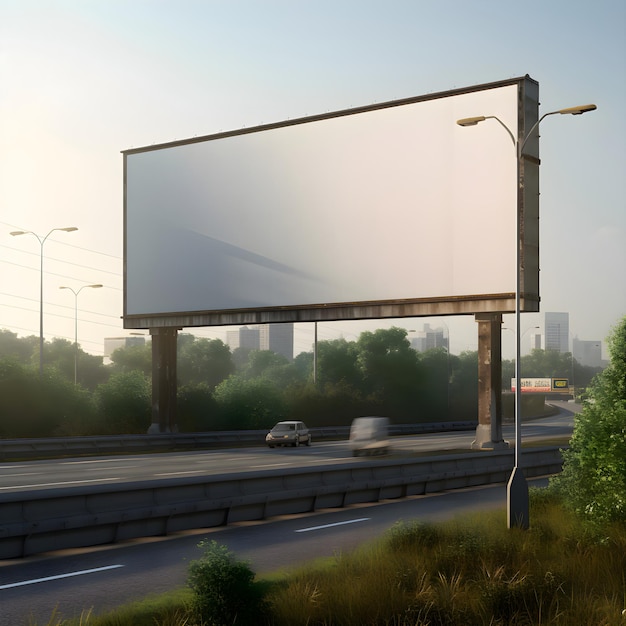 Cartel en blanco en la autopista al amanecer renderizado en 3D