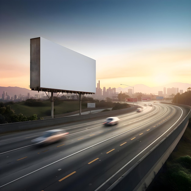 Foto gratuita cartel en blanco en la autopista con coche borroso de movimiento y paisaje urbano de fondo