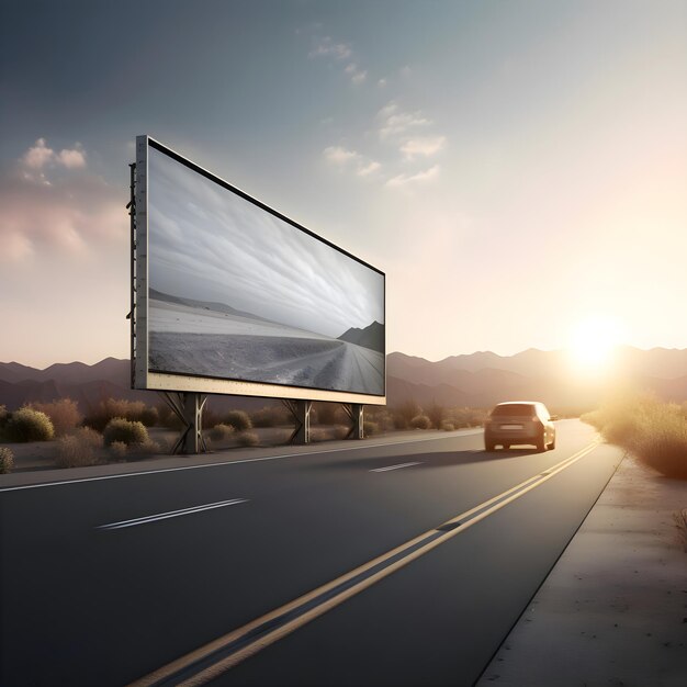 Cartel en blanco en la carretera al atardecer renderizado en 3D