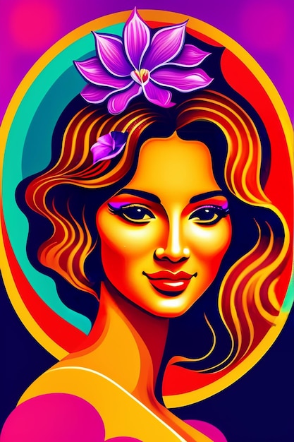 Un cartel colorido con una mujer con una flor en la cabeza.