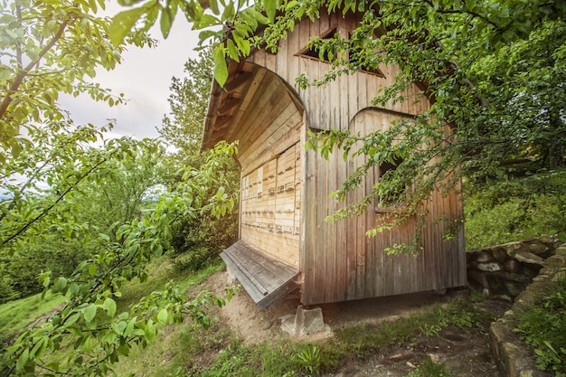 Casa de abejas de madera rodeada de árboles en el campo