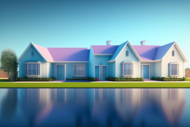 Una casa azul con techo rosa y un estanque frente a ella.