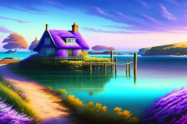 Una casa junto al mar con techo morado