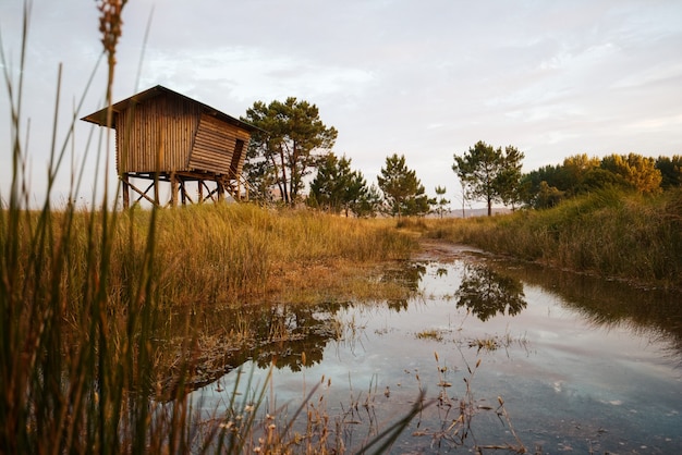 Foto gratuita casa de madera en un campo de hierba bajo el hermoso cielo nublado