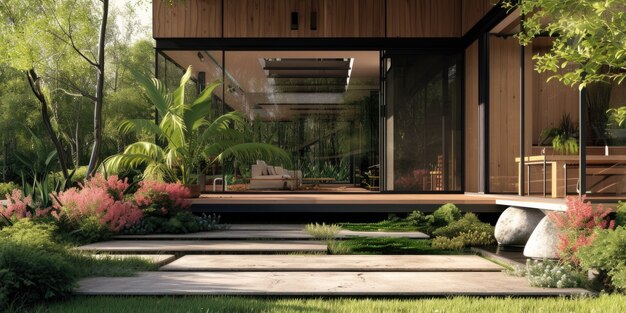 Casa de madera fotorrealista con estructura de madera