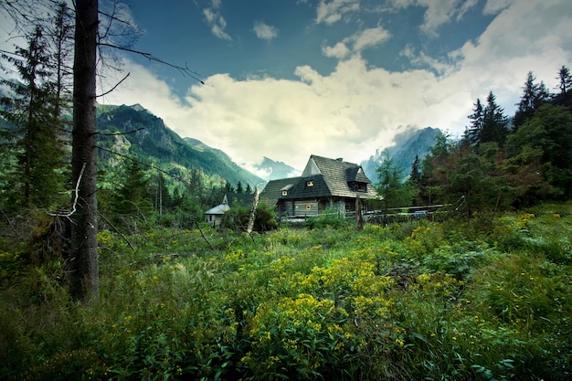 Foto gratuita casa de madera en el hermoso paisaje de montañas