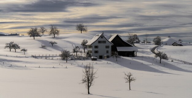 Casa de madera marrón sobre suelo cubierto de nieve durante el día