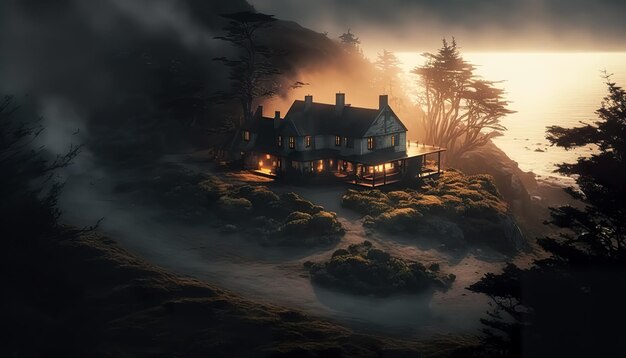 Casa melancólica junto al mar en tiempo de niebla