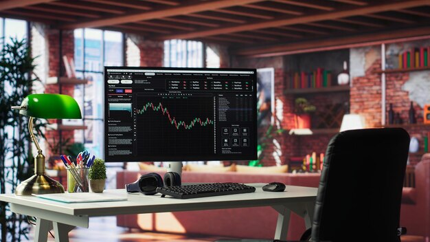 Casa moderna con monitor de PC lista para el comercio de acciones en línea y el análisis de divisas