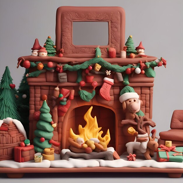Foto gratuita casa navideña con chimenea y ilustración 3d de papá noel