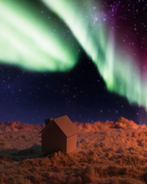 Casa en la nieve con aurora boreal