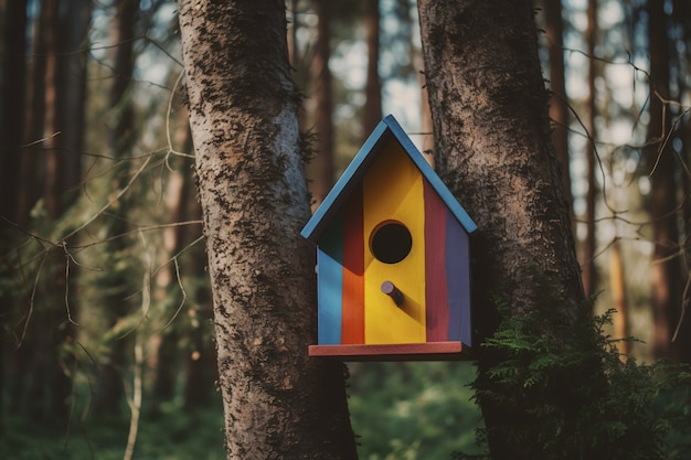 Foto gratuita casa de pájaros coloridos al aire libre