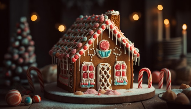 Foto gratuita casa de pan de jengibre casera con decoración de dulces generada por ia