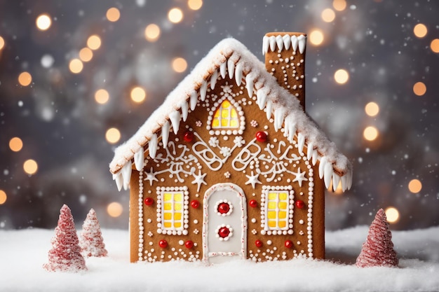 Casa de pan de jengibre de Navidad decorada con dulces y glaseado sobre mesa de madera