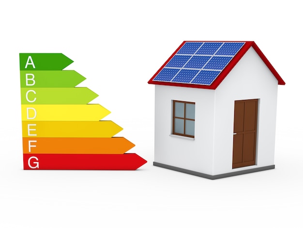 Casa con una placa solar y gráfico de energíacasa con una placa solar y gráfico de energía