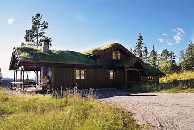 Casa rural típica noruega con un paisaje impresionante y una hermosa vegetación en Noruega