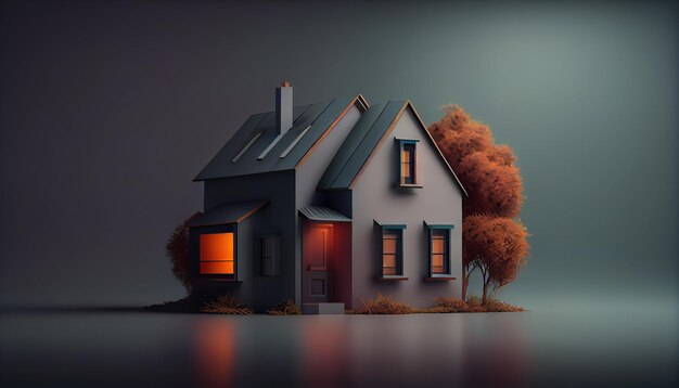 Una casa con una ventana iluminada frente a un fondo oscuro.