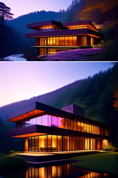 Foto gratuita una casa con vista a las montañas de noche.