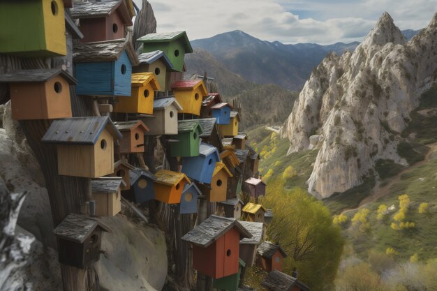 Casas de pájaros coloridos al aire libre