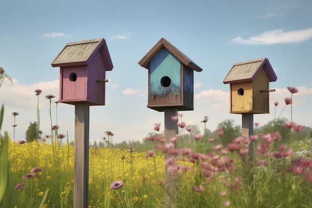Casas de pájaros coloridos al aire libre