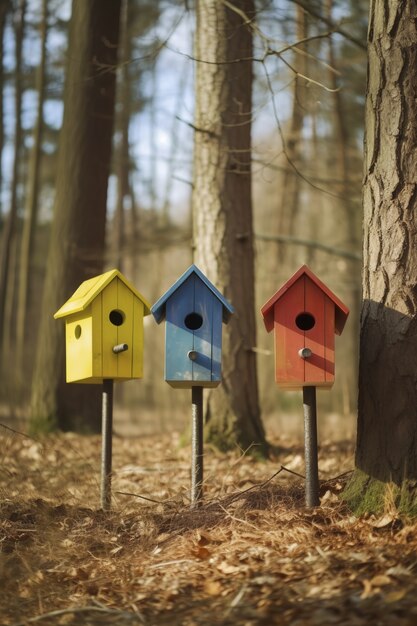 Casas de pájaros coloridos al aire libre