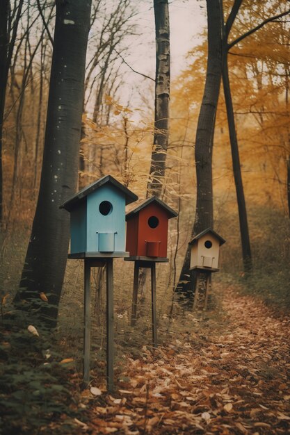 Casas de pájaros coloridos al aire libre