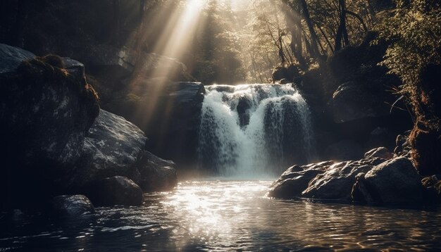 Una cascada en el bosque con el sol brillando a través de los árboles.