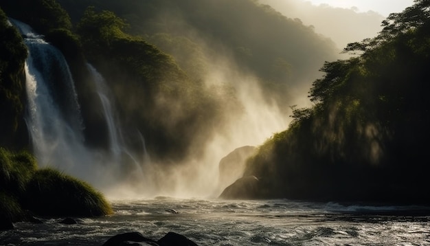 Una cascada en las montañas con un cielo brumoso