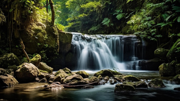Foto gratuita una cascada oculta cayendo en cascada por las rocas en medio del denso follaje