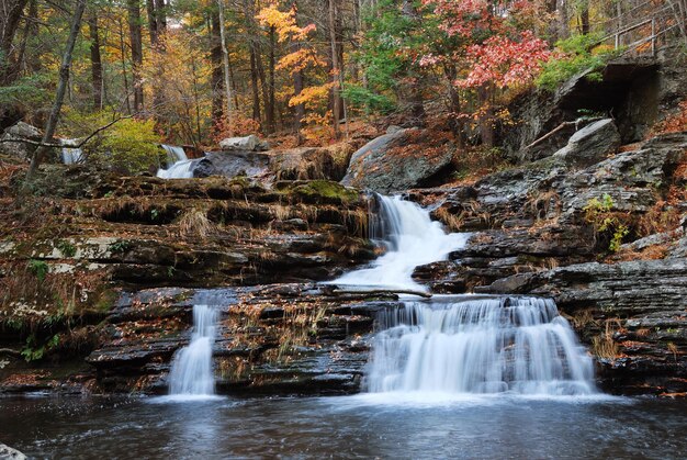 Cascada de otoño en la montaña con follaje