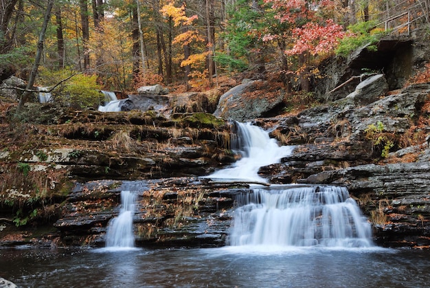 Cascada de otoño en la montaña con follaje