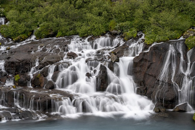 Cascadas de Hraunfossar rodeadas de vegetación durante el día en Islandia