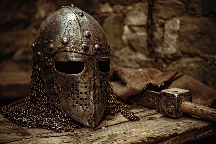 Foto gratuito casco de soldado de estilo vintage, naturaleza muerta.