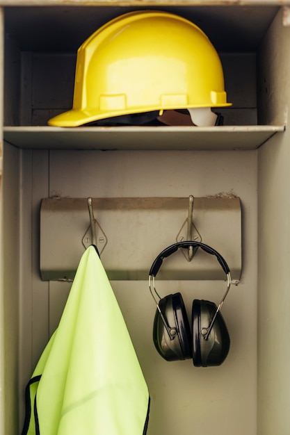 Casco de vista frontal y auriculares colgados en un armario