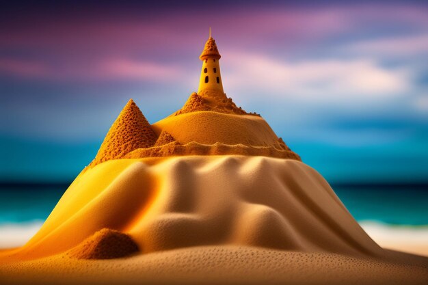 Un castillo de arena con una pirámide en la cima