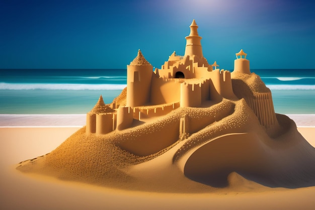 Foto gratuita castillo de arena en una playa con el sol brillando sobre ella