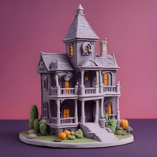 Foto gratuita castillo de halloween con calabazas sobre fondo morado render 3d