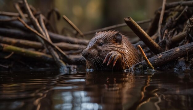 Castor mojado comiendo nutria en pasto de estanque generado por IA