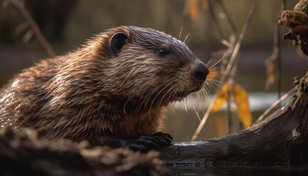 Un castor muerde una nutria otoñal en un estanque generado por IA