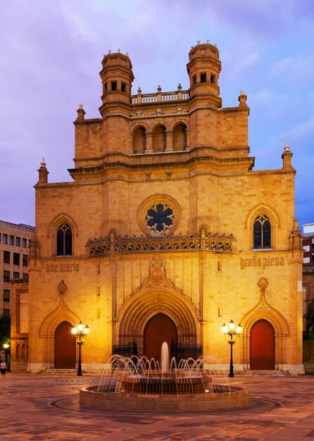 Catedral gótica en la Plaza Mayor en la noche. Castellón de la Plana