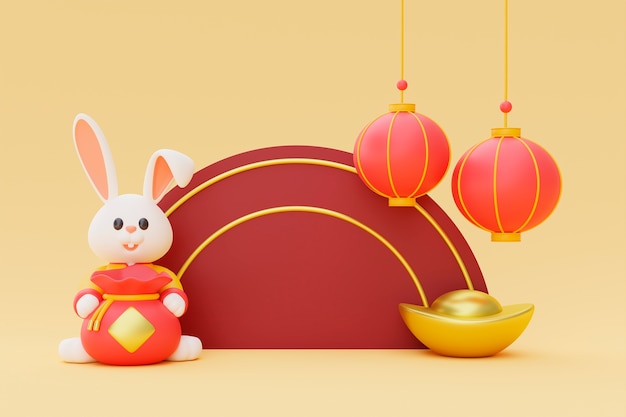 Celebración del año nuevo chino con conejo y bolsa de dinero.