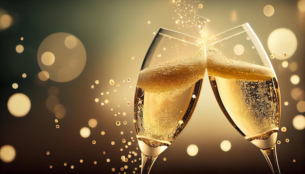 Celebración de champán beber vino en fondo dorado generado por IA