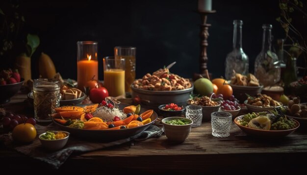 Celebración de comida rústica en decoración de mesa de madera generada por IA