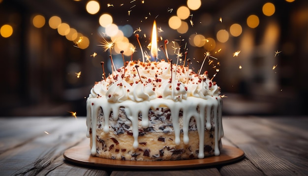 Foto gratuita celebración de cumpleaños pastel de chocolate gourmet decorado vela de mesa llama generada por inteligencia artificial